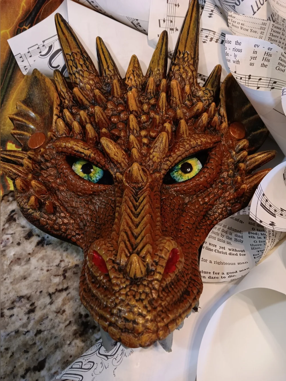 Dragon Mum - Music Sheet Paper Cone Art With Orange Dragon Face And Yellow Wings - Picture 2 of 5